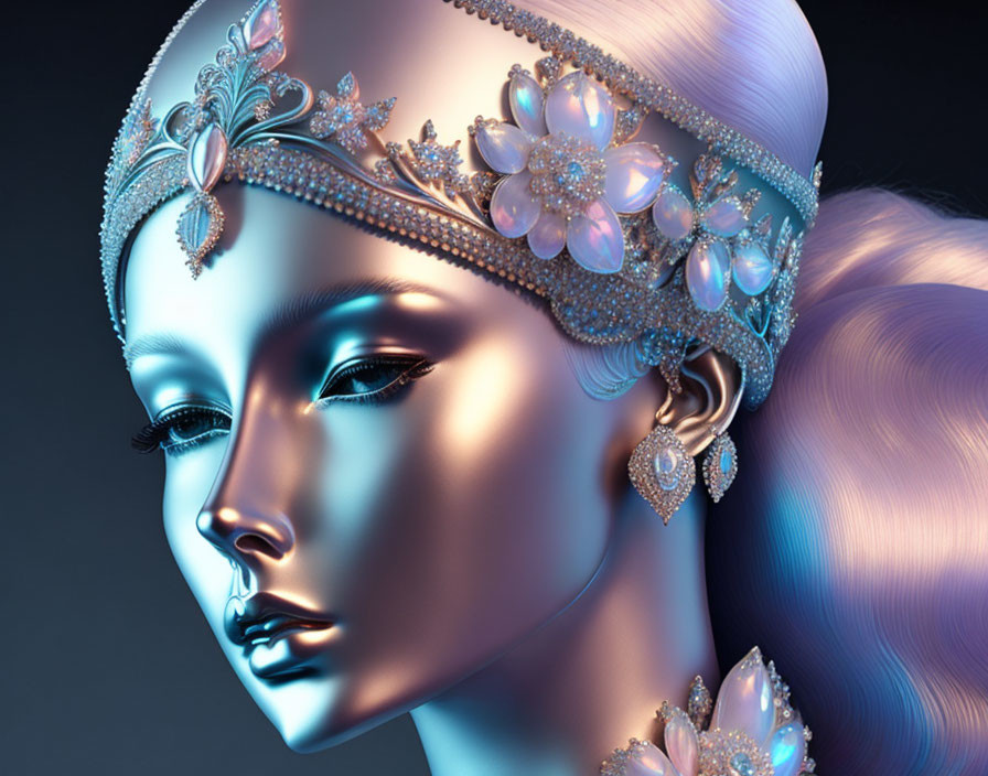 Metallic female face with ornate headdress on dark background.