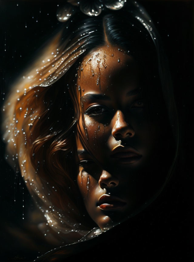 Portrait of Woman with Water Droplets in Mysterious Light