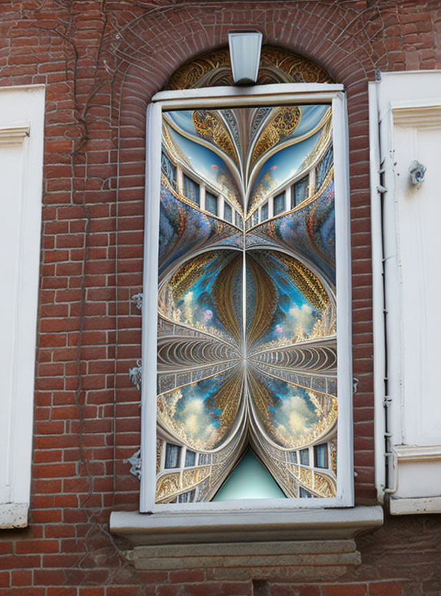 Symmetrical blue, gold, and cream window design on red brick wall