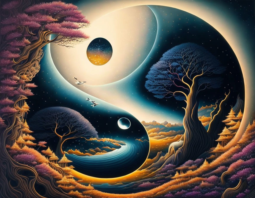 Vivid surreal landscape with yin-yang sky, colorful trees, birds, and cosmic backdrop