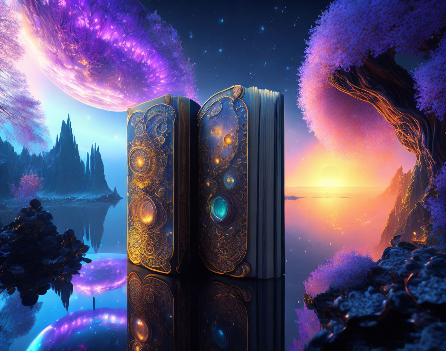 Fantastical landscape with open book, nebulae, trees, rocks, and sunset.