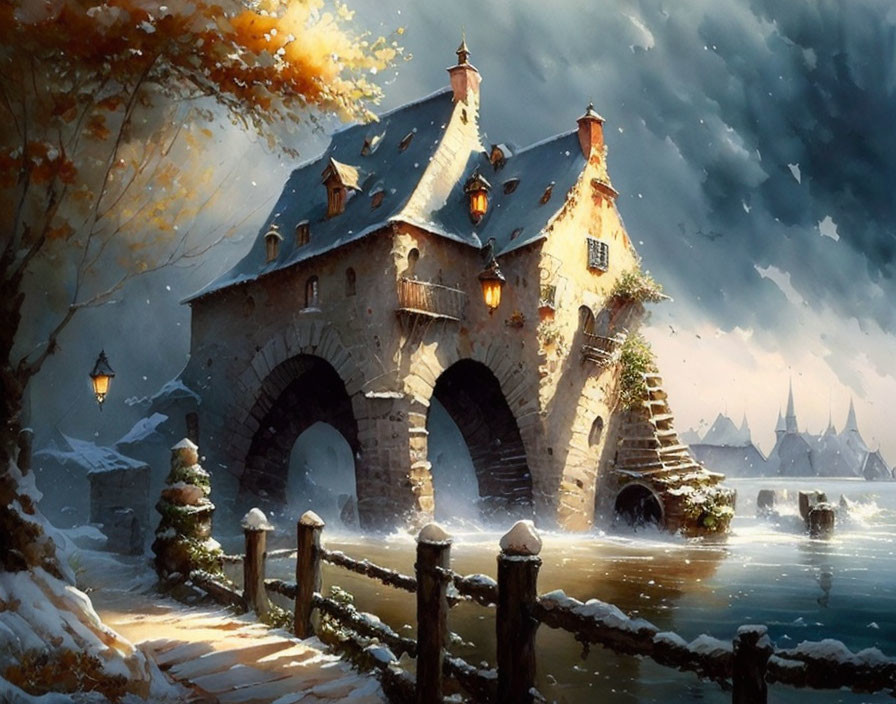 Stone Gatehouse with Tile Roof Illuminated by Lanterns Beside Frozen River