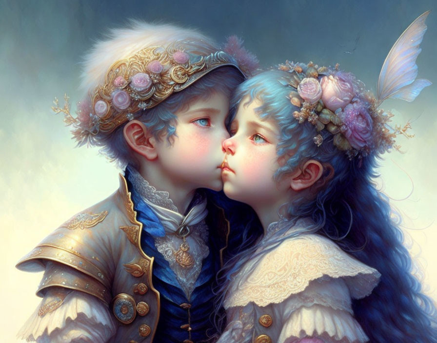 Baroque-style digital art: Young children in elaborate costumes with floral crowns, touching noses in dream