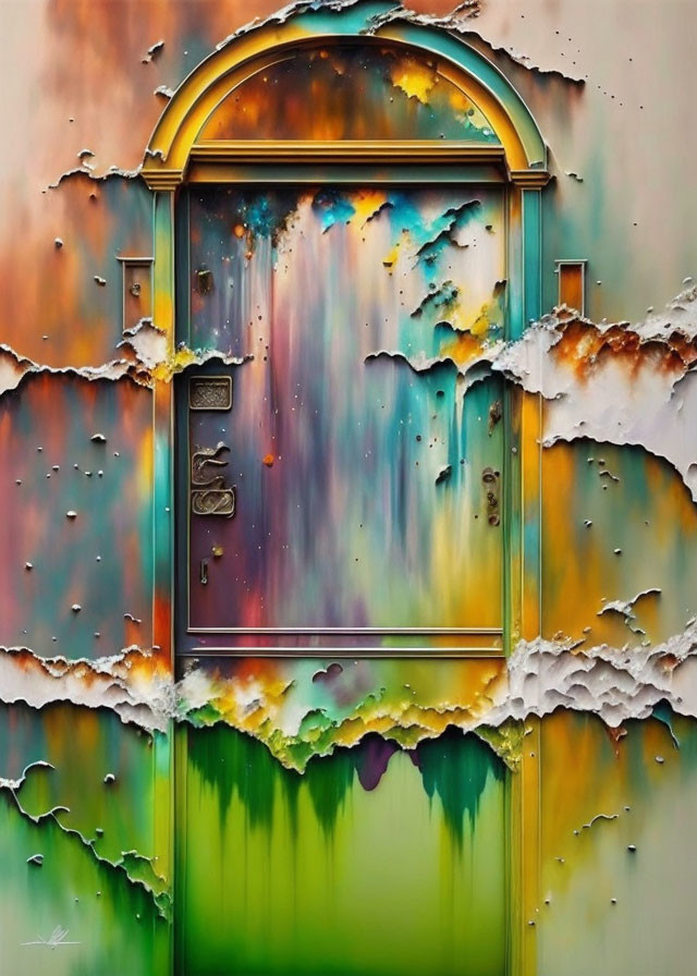 Colorful Peeling Paint Door with Abstract Aurora Pattern