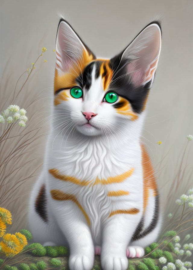 Tricolor Cat with Green Eyes Among White and Yellow Flowers