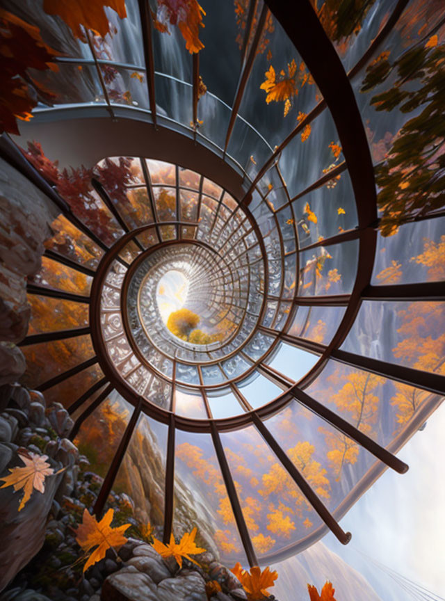 Transparent balustrade spiral staircase with autumn reflection