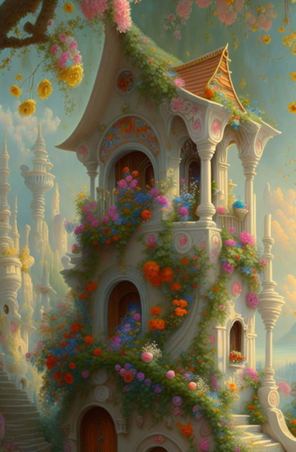 Fairy-tale tower with vibrant flowers and whimsical spires