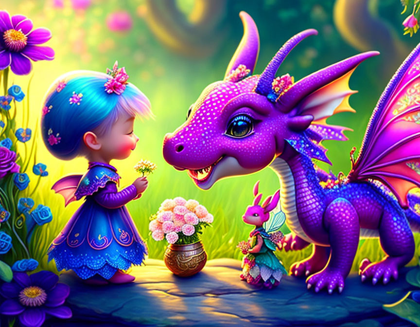 Young girl in blue dress with flower meets smiling purple dragon in enchanted garden with fairy.