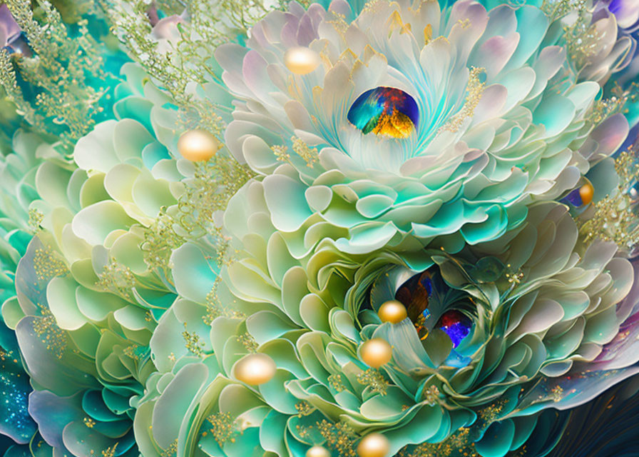 Colorful Surreal Flower Art with Peacock Feathers & Golden Orbs