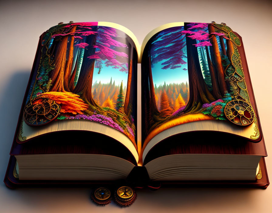 Vibrant Forest Illustration Extending Beyond Pages