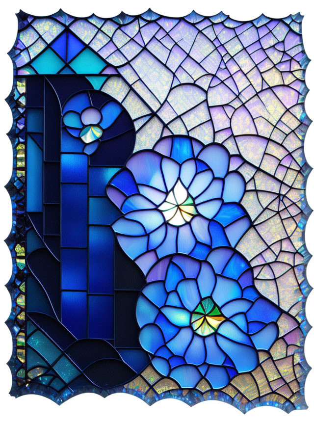 Vibrant blue stained glass window with stylized flowers & geometric patterns