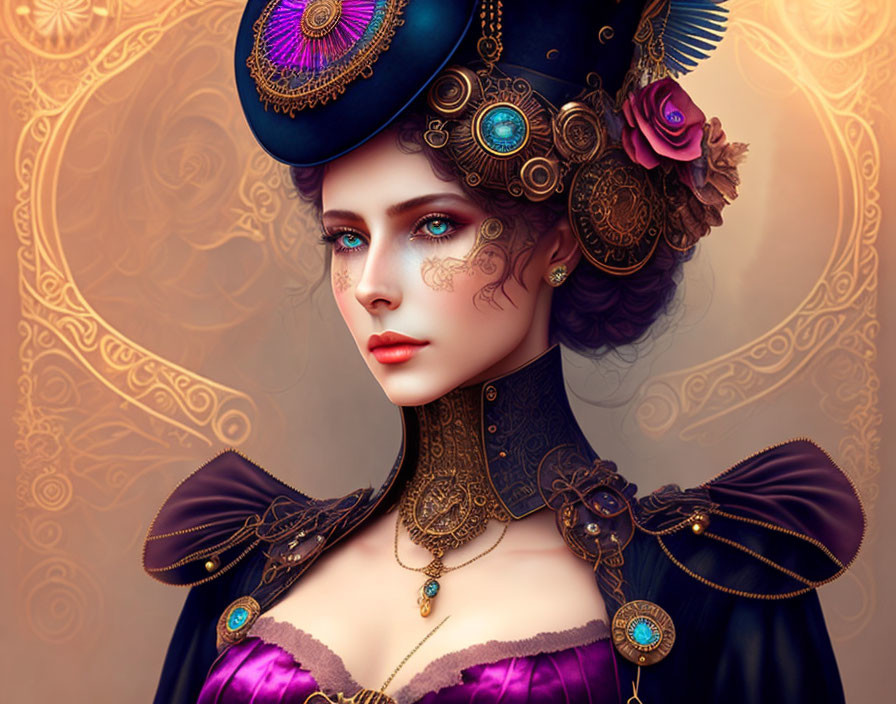 Illustrated woman with blue eyes in steampunk attire.