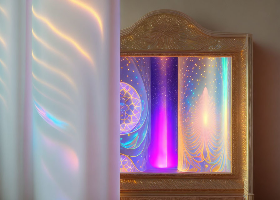 Ethereal neon cosmic patterns reflected in ornate mirror