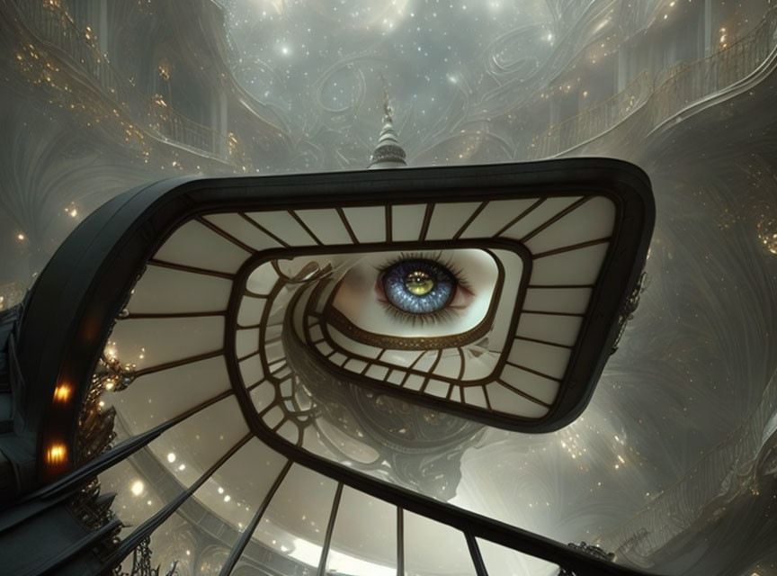 Surreal image of eye in baroque staircase leading to mystical cathedral interior