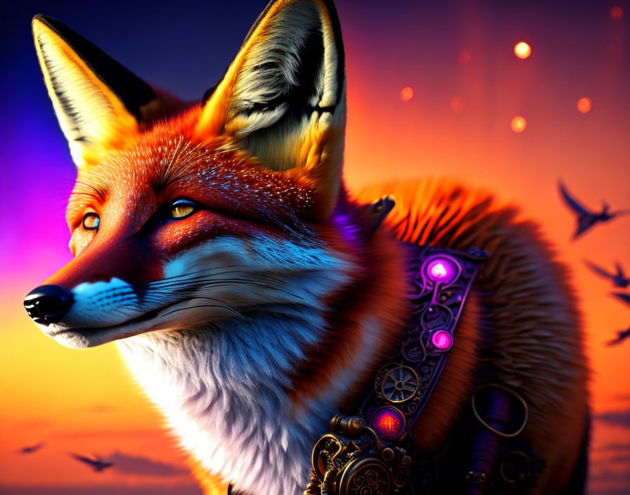 Digital art: Fox with mechanical features in colorful sunset scenery