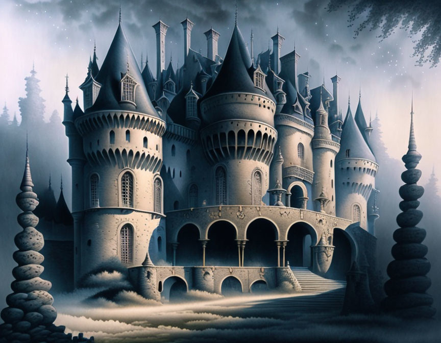 Ethereal fantasy castle with turrets in mystical forest