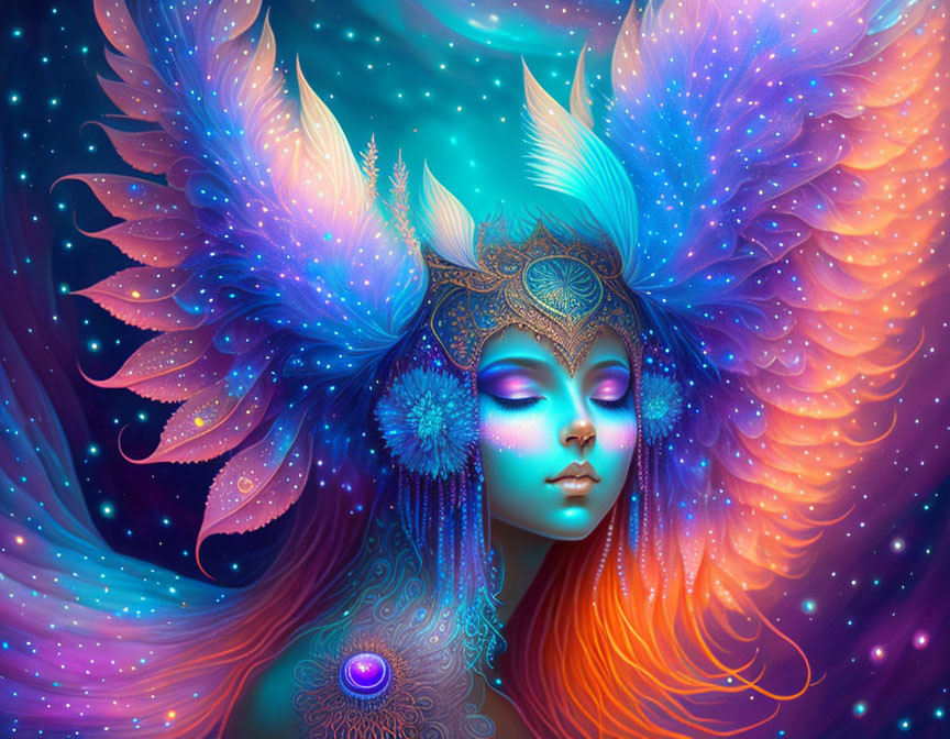 Colorful digital artwork featuring female figure with ornate headdress and flowing, feather-like hair