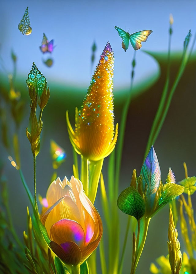 Colorful flora and dew-speckled bud with fluttering butterflies in sunlit scene