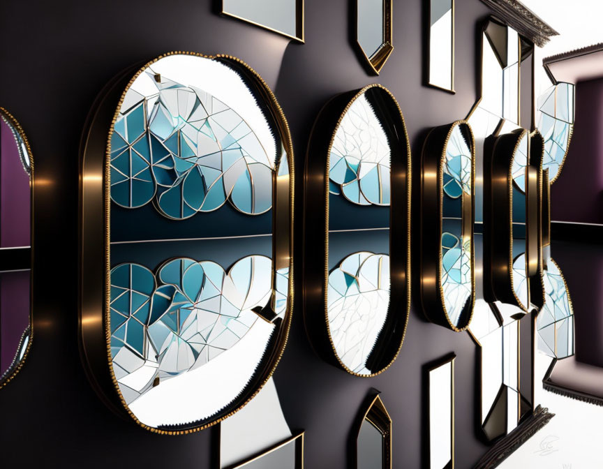 Modern oval and rectangular mirrors with golden accents on a dark wall