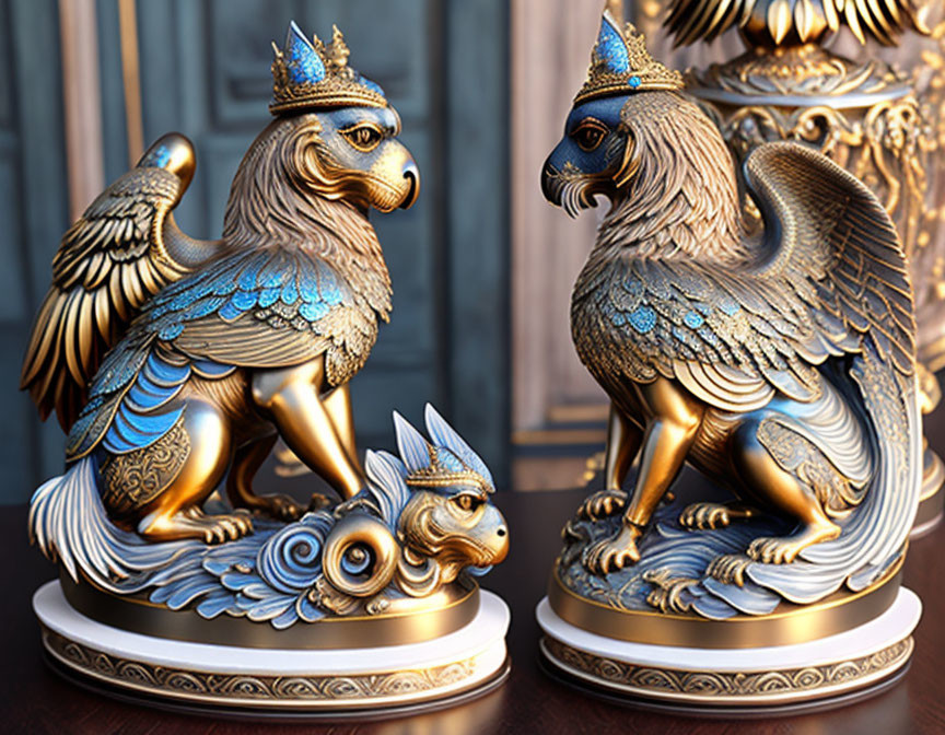 Metallic griffin statues with blue accents on pedestals against dark backdrop