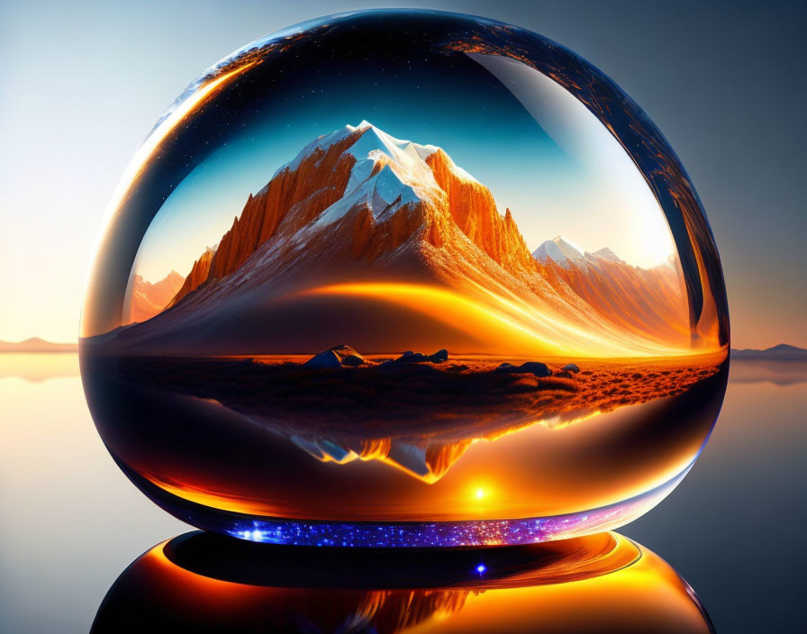 Surreal mountain landscape in transparent sphere at sunset