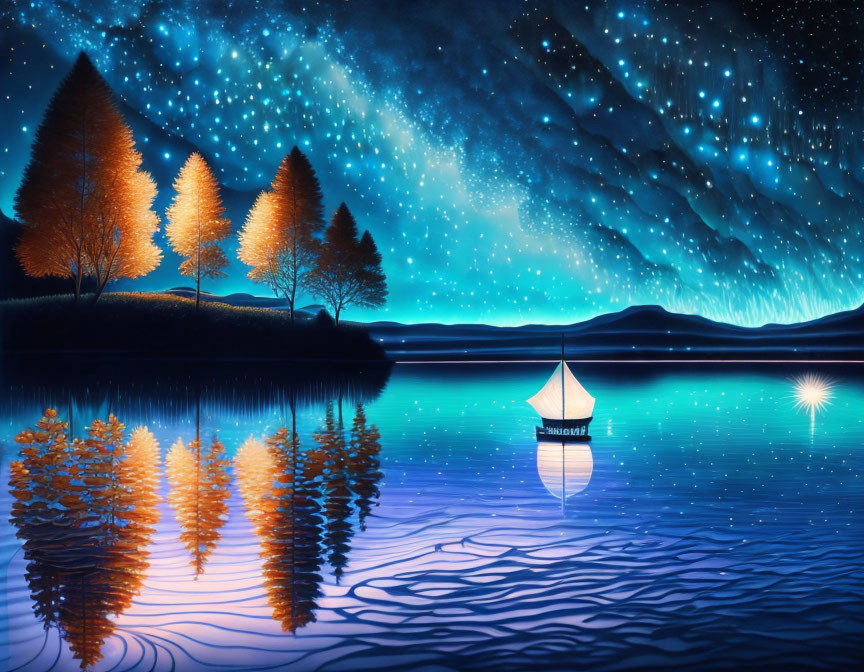 Tranquil night scene: sailboat on calm lake under starry sky.