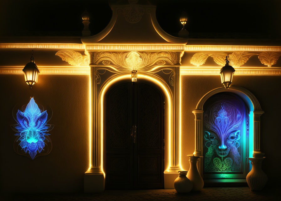 Ornate door and wall with golden light and mystical blue floral patterns