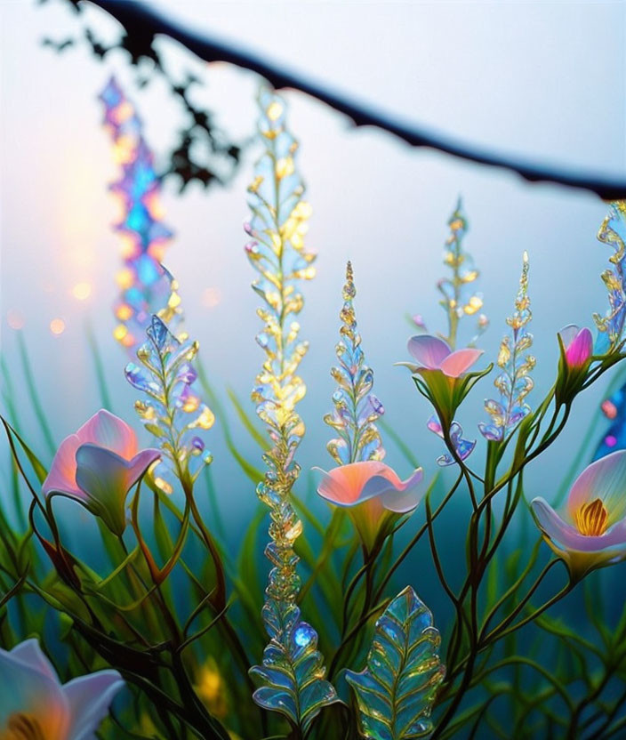 Vibrant flowers and plants under twilight sky with ethereal glow