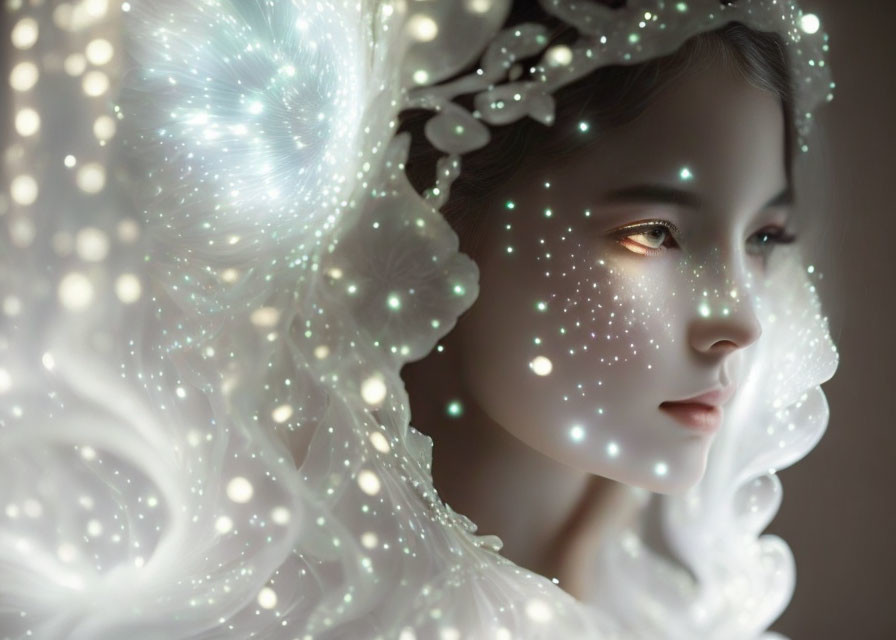 Fantasy figure portrait with glowing, delicate features in luminous light