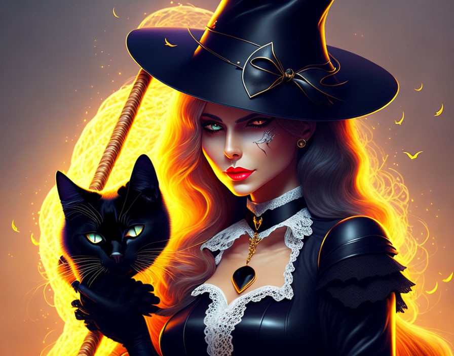 Stylized witch with black cat in fiery orange setting