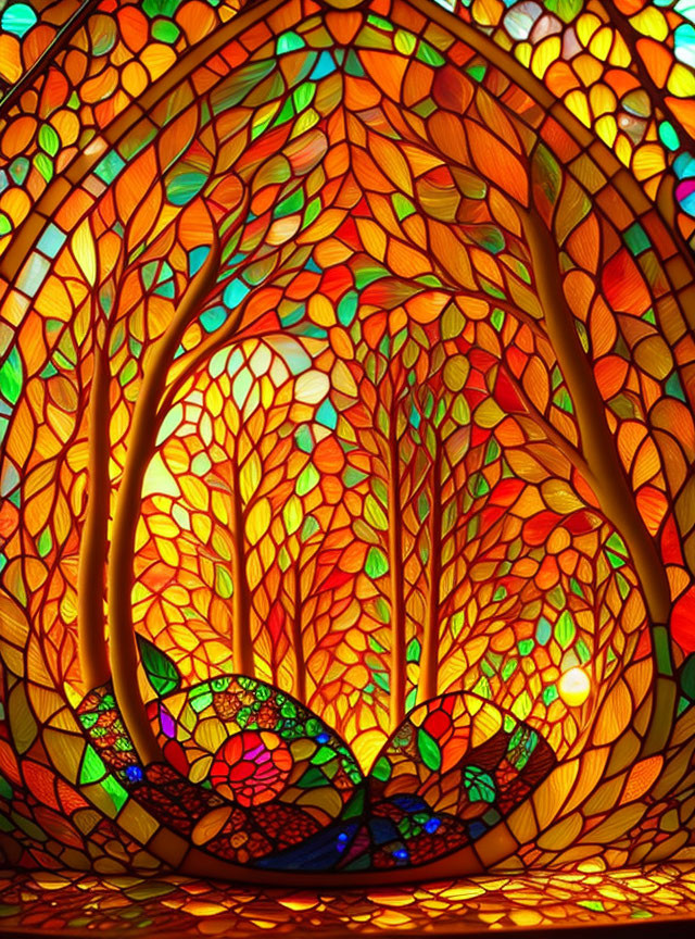 Vibrant Tree Design Stained Glass Window with Warm Tones