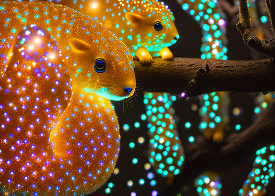 Glowing squirrel sculptures on branches in a nighttime setting