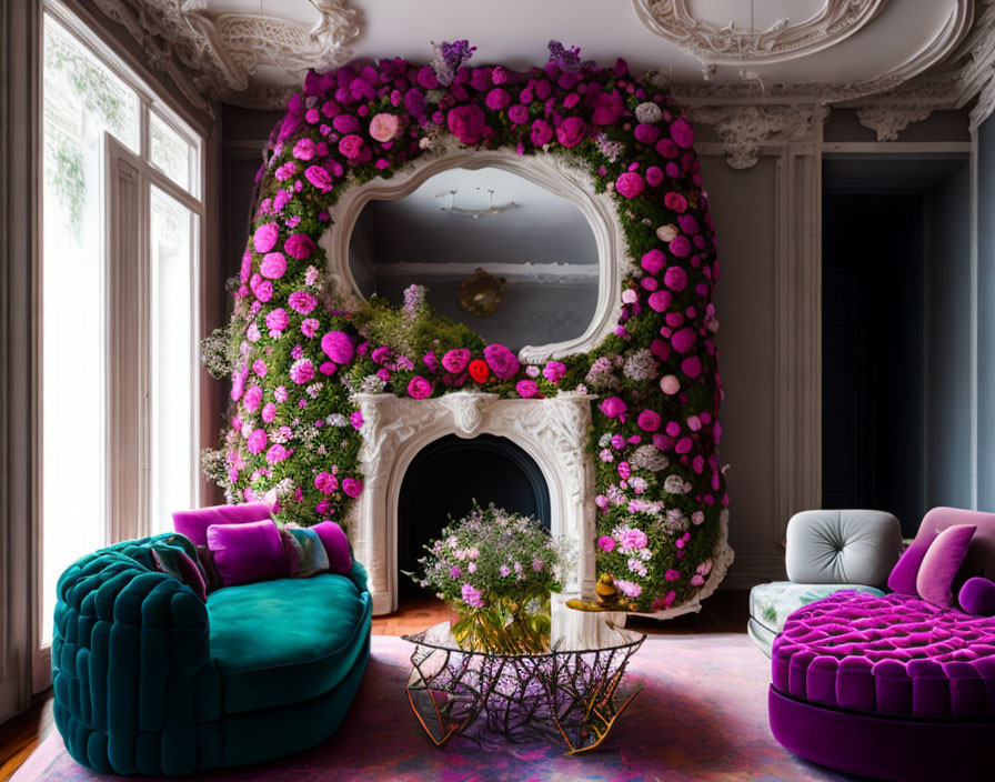 Colorful interior with white fireplace, pink flowers, teal and purple sofas, wooden flooring, ornate