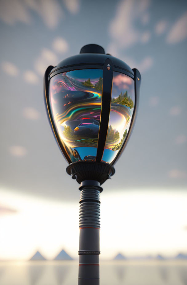 Glossy lamp post close-up reflects sunset landscape