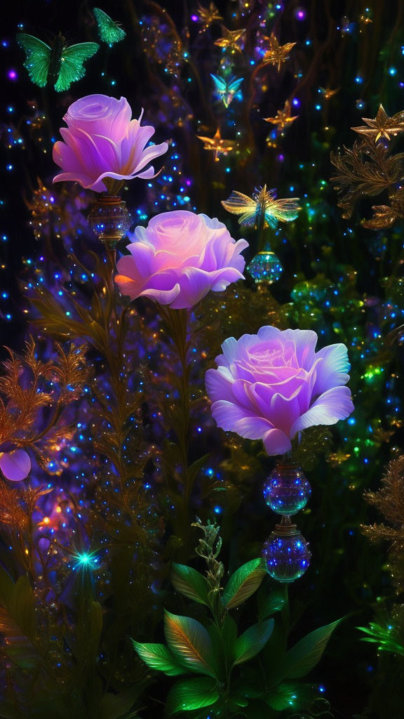 Vibrant purple roses with sparkling lights and floating butterflies