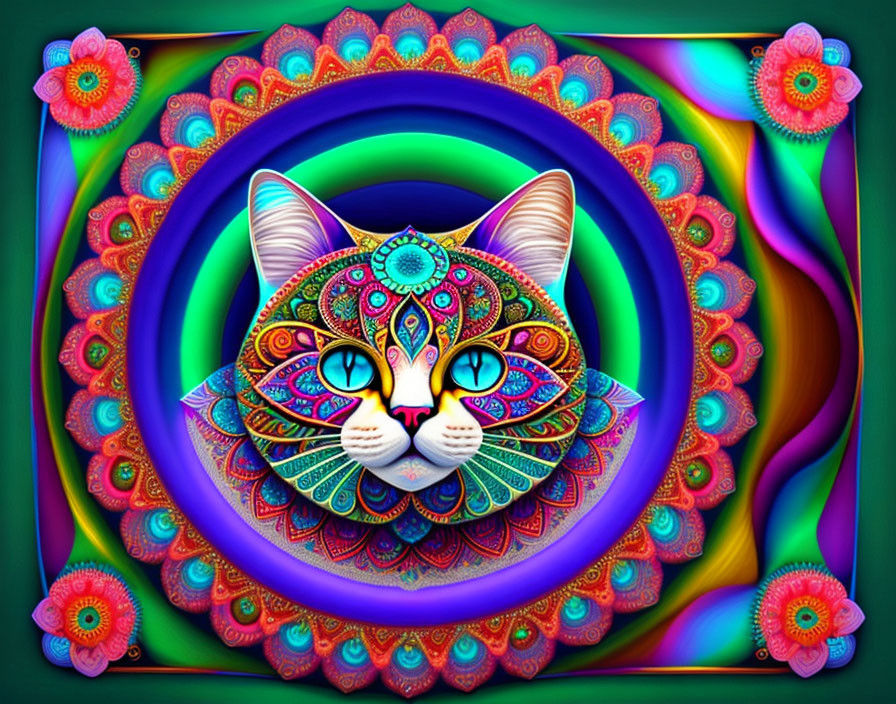 Colorful digital artwork of stylized cat face with intricate patterns and mesmerizing blue eyes in psychedelic mand