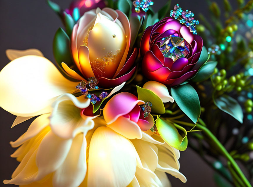 Colorful digital bouquet with jewel-toned petals and crystal embellishments