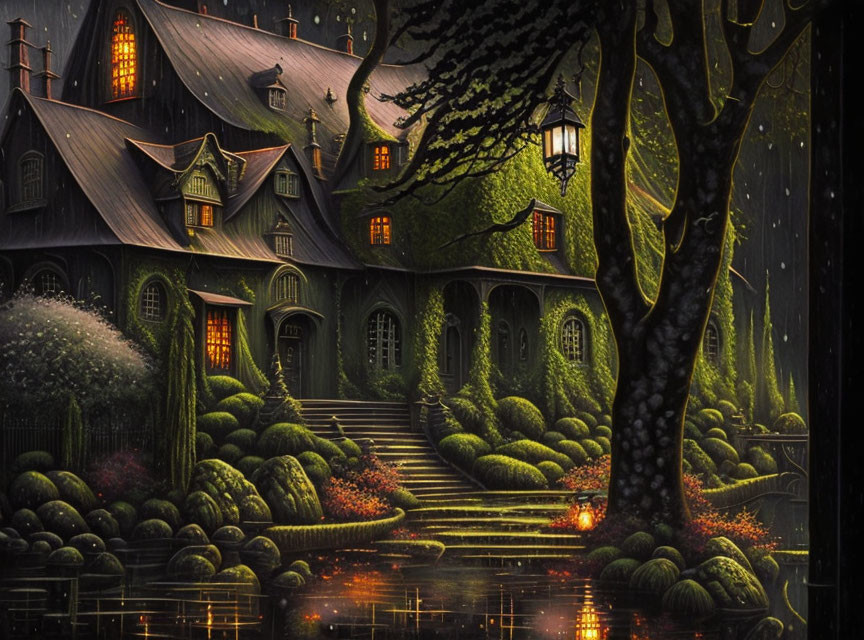 Moss-Covered Fantasy Mansion in Night Scene