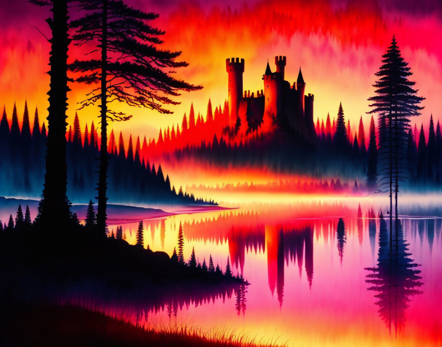 Surreal landscape with castle silhouette and fiery sky