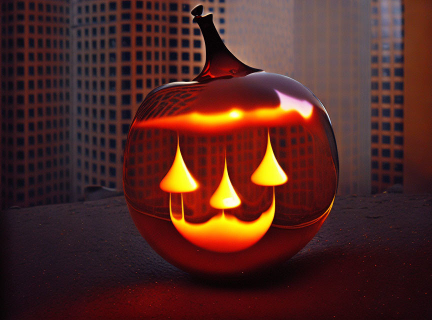 Shiny Red-Orange Pumpkin with Glowing Jack-o'-lantern Face Among City Buildings