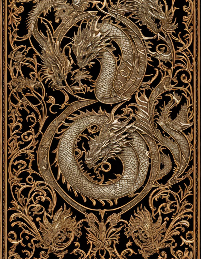 Intricate dragon carving with foliage on dark background