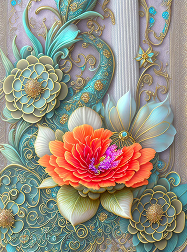 Colorful Floral Illustration with Large Orange Bloom on Textured Background