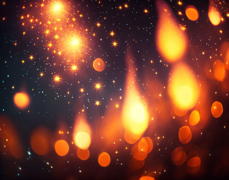 Orange Bokeh Particles with Golden Stars on Dark Background