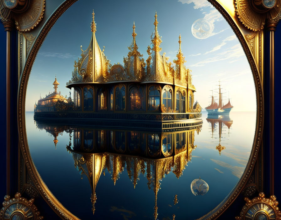 Ornate golden palace on water with ships and planets in blue sky