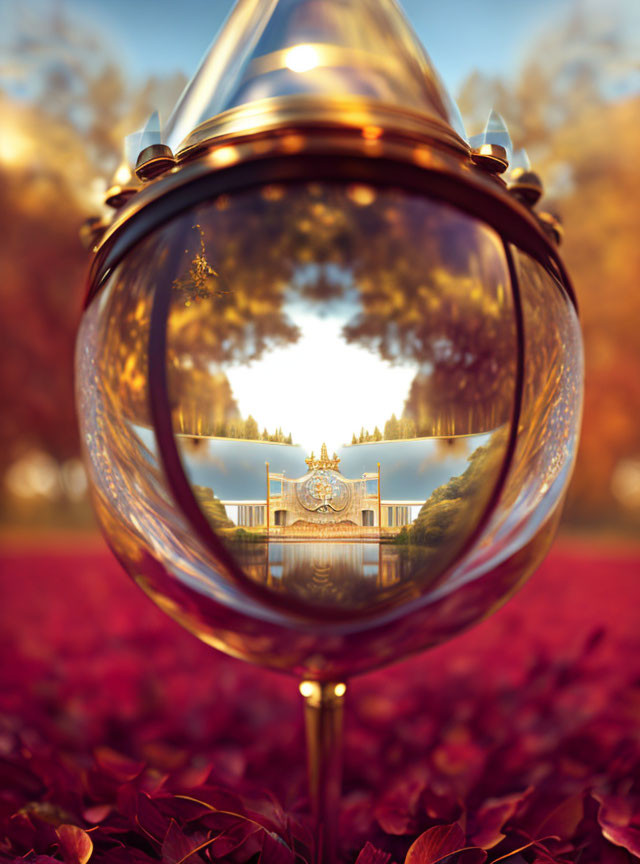 Crystal ball on stand reflects scenic view with trees, gate, red leaves, and golden sunset