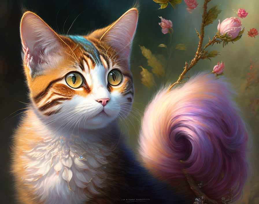 Detailed Cat Illustration with Green Eyes, Orange Fur, and Pink Flowers