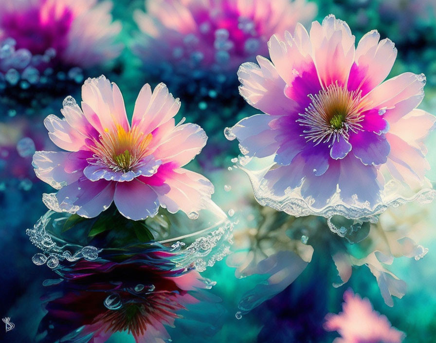 Pink and White Flowers with Dewdrops Reflected in Water on Bokeh Background