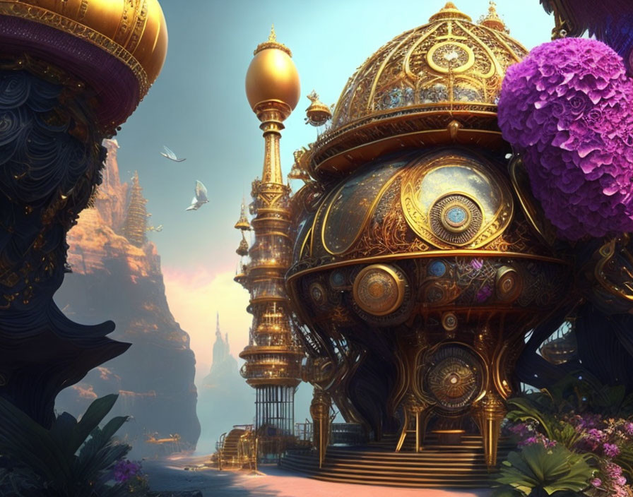 Fantastical ornate palace with golden domes and lush purple flora