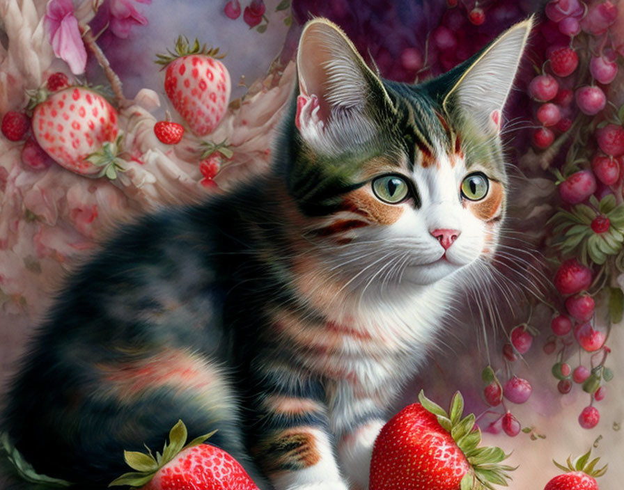 Detailed Calico Cat Illustration with Strawberries and Flowers