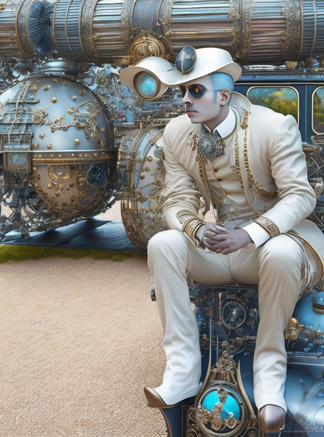 Steampunk-themed person in white and gold outfit with top hat and goggles beside intricate mechanical structure